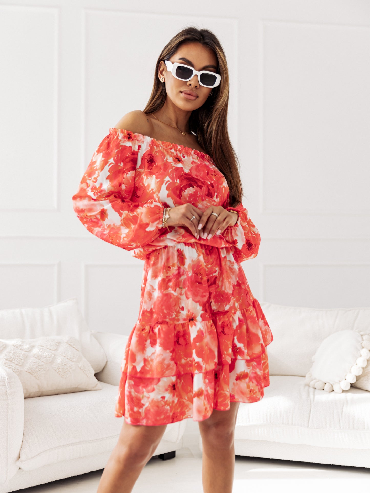 Red floral print dress