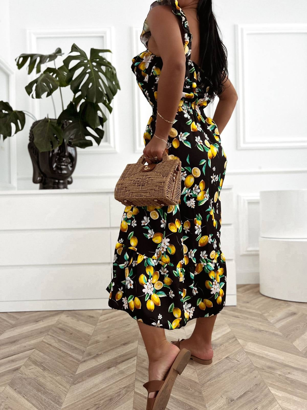 Citronu raksta vasaras kleita - melna