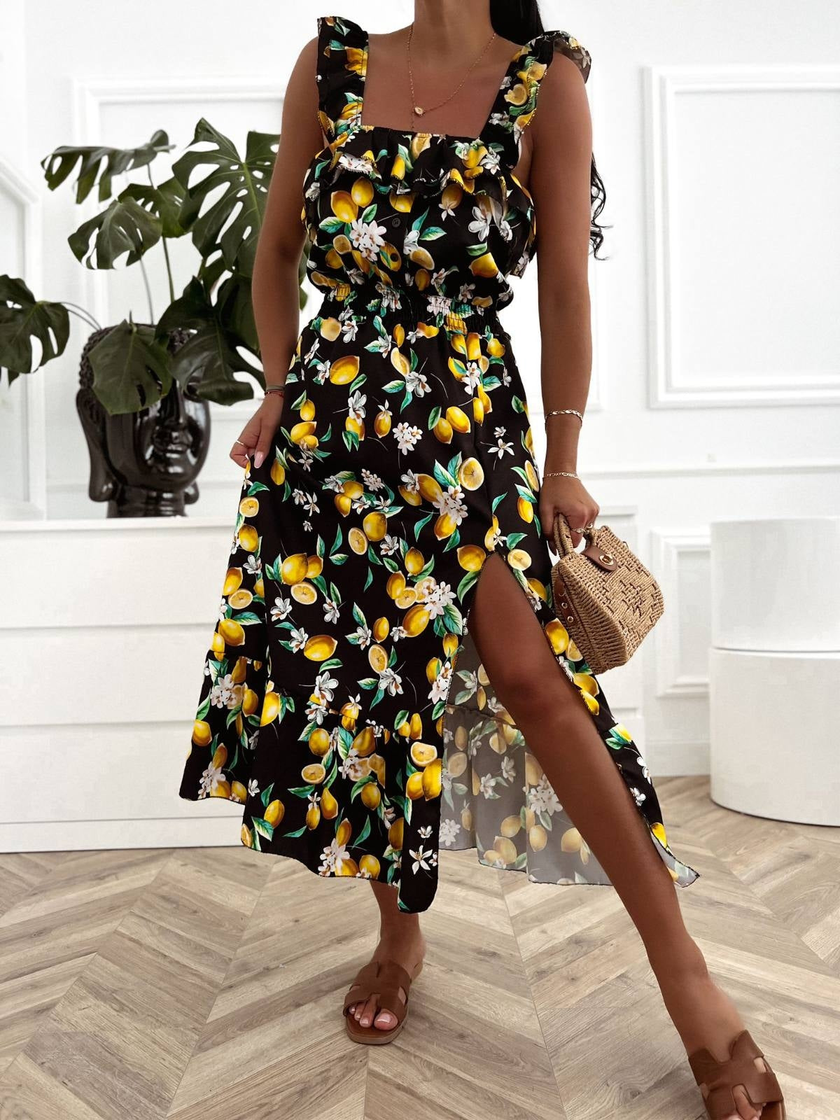 Citronu raksta vasaras kleita - melna